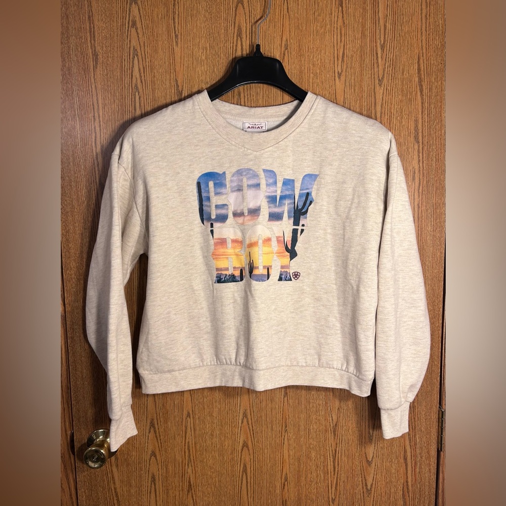 Ariat Cropped Crewneck Heathered Cream Cowboy Sweatshirt - Picture 1 of 5